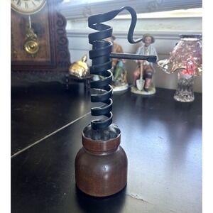 Vintage Courting Candle Holder Adjustable Spiral Wrought Iron Wood 9"